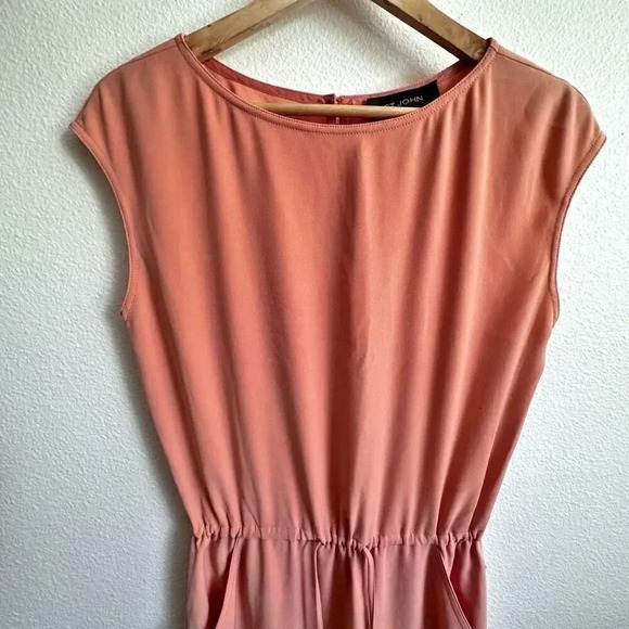 ST. JOHN | Peach Elastic Drawstring Waist Side Pocket Cap Sleeves Dress | Size 2 - Picture 3 of 10